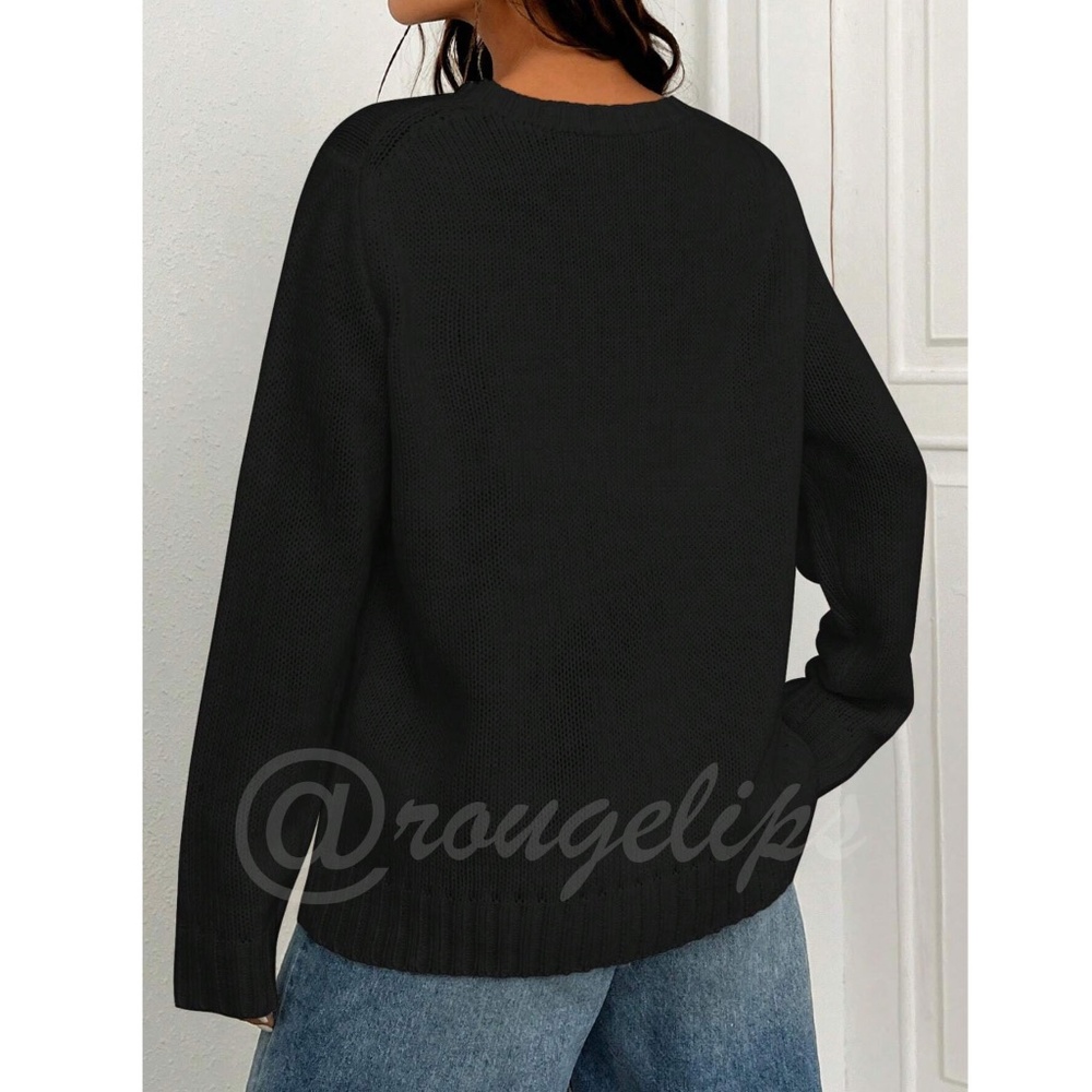 American Flag Knit Black Pullover Sweater Crew Neck Long Sleeve Drop Shoulder - Picture 3 of 7